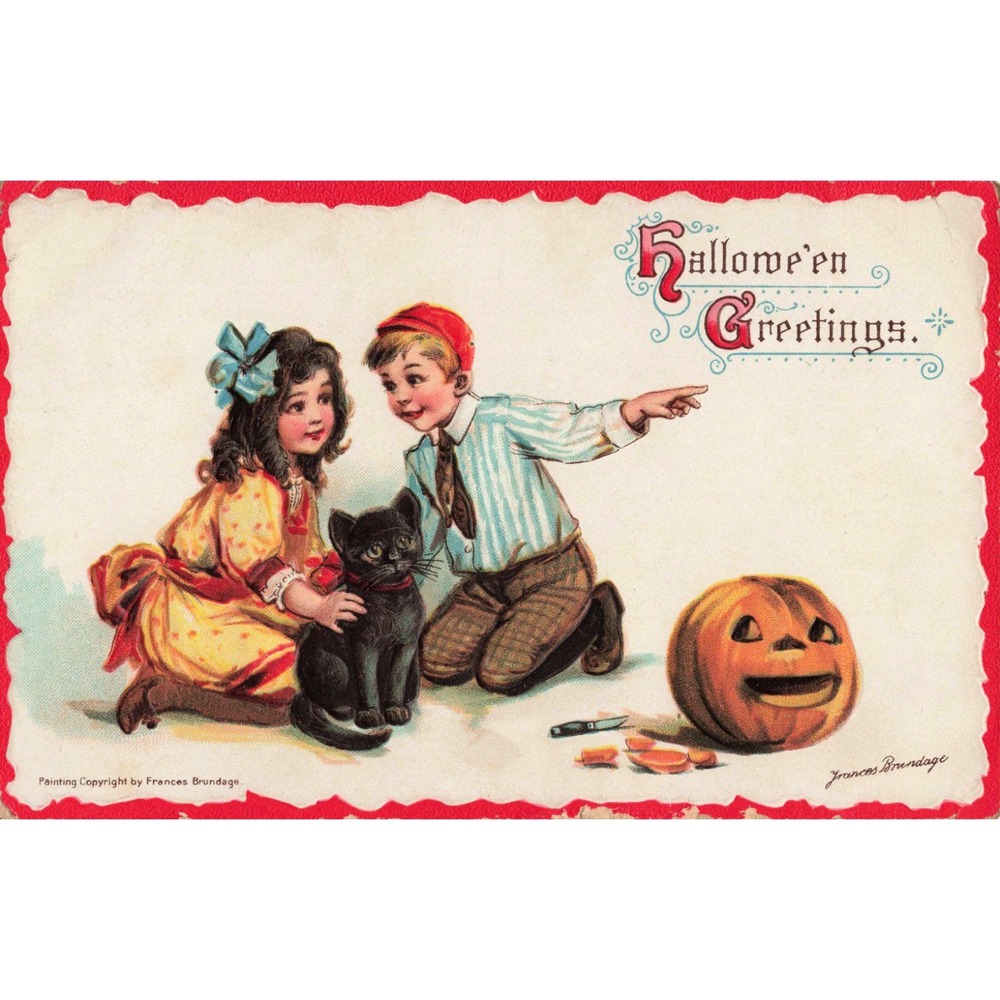 Halloween Postcard Frances Brundage Black Cat Jack O Lantern JOL Antique c1910 - Picture 1 of 2